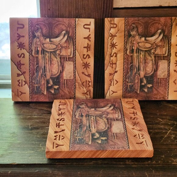 Set of 3 Vintage Thirstystone Southwestern Saddle Design Sandstone Coasters 80's - Picture 1 of 16